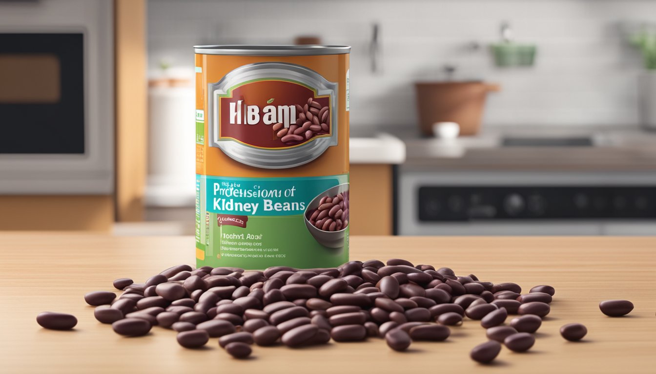 A can of kidney beans sits open on a kitchen counter, with beans spilling out onto the surface. A measuring cup is nearby, filled with beans