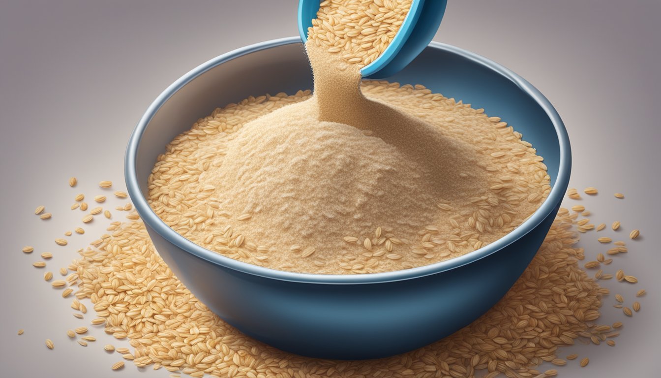 A pound of spelt flour pouring out of a measuring cup, with tablespoons scattered around it