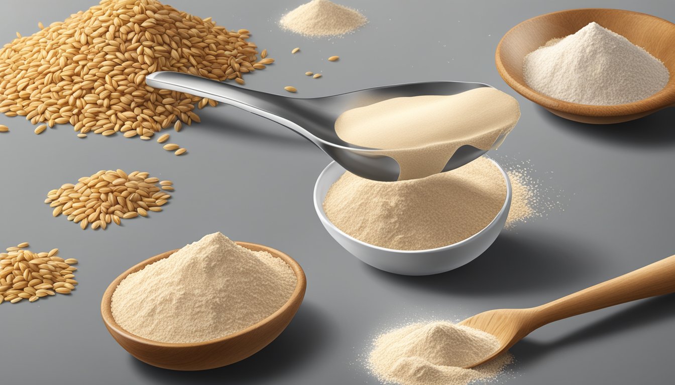 A pound of spelt flour pouring into a measuring spoon, with additional tablespoons nearby for comparison