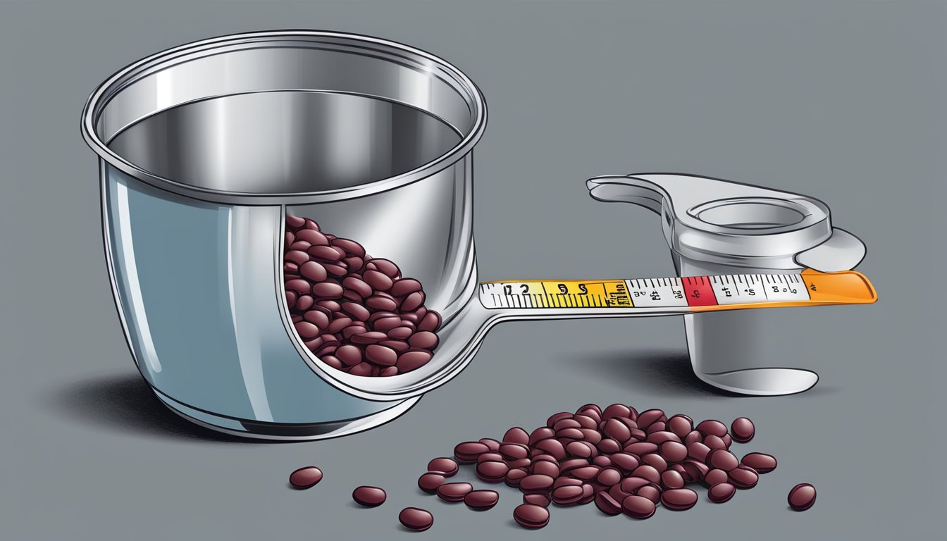 A can of kidney beans pouring out into a measuring cup, with the cup displaying the measurement in ounces