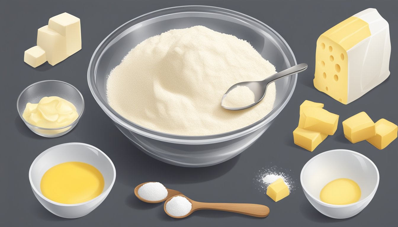 A mixing bowl with flour, sugar, and butter, a measuring cup pouring milk, and a spoon stirring the ingredients together