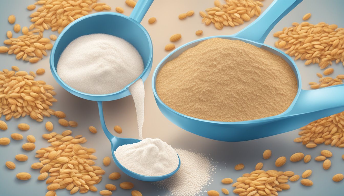 A pound of spelt flour pouring into a measuring spoon, with multiple tablespoons filling up