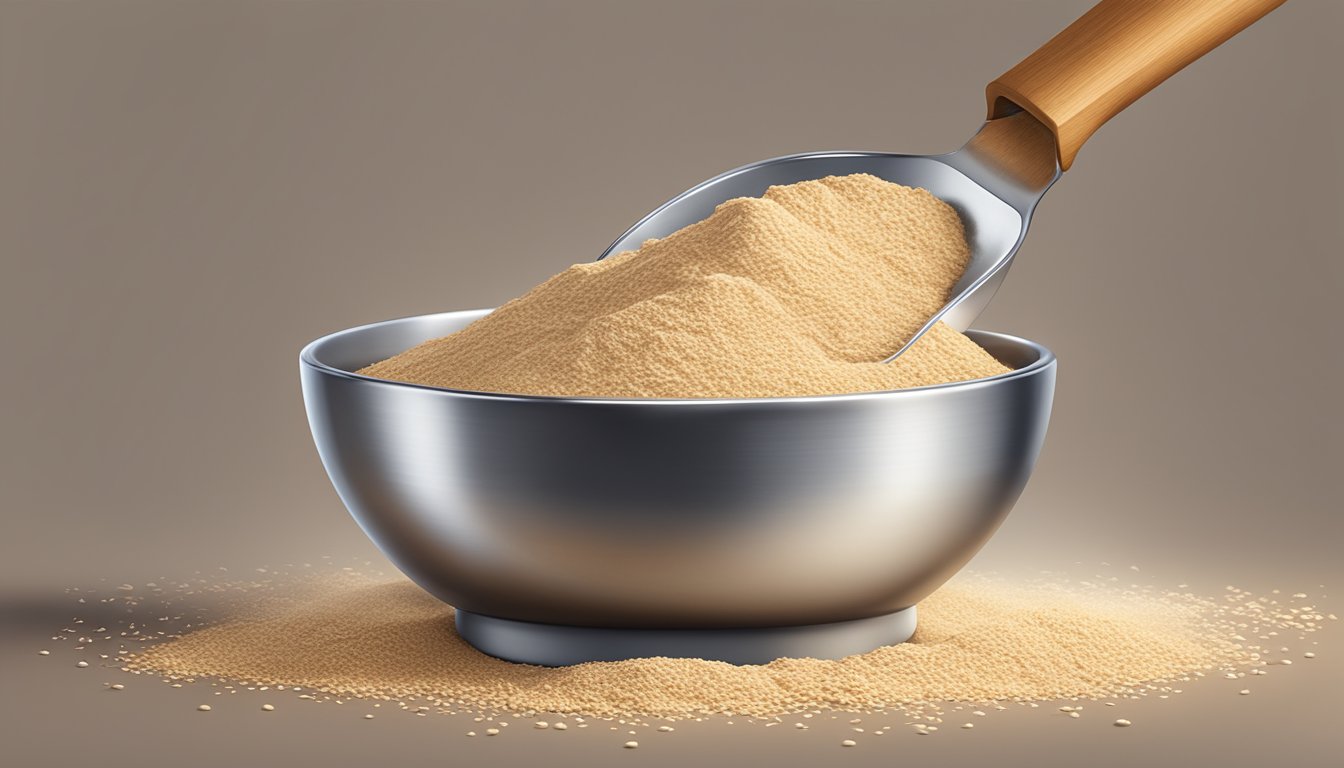 A pound of spelt flour pouring into a measuring spoon, with a stack of measuring spoons nearby