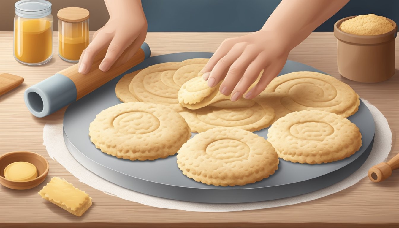 A pair of hands rolls out biscuit dough with a rolling pin and cuts it into circles with a round cutter on a floured surface