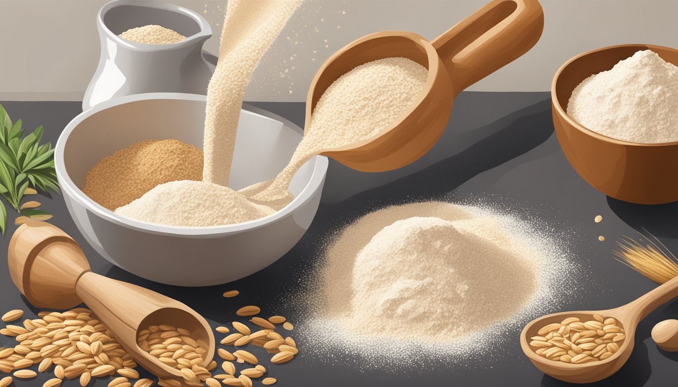 A pound of spelt flour pouring into a measuring spoon, with additional spelt flour and baking ingredients scattered around