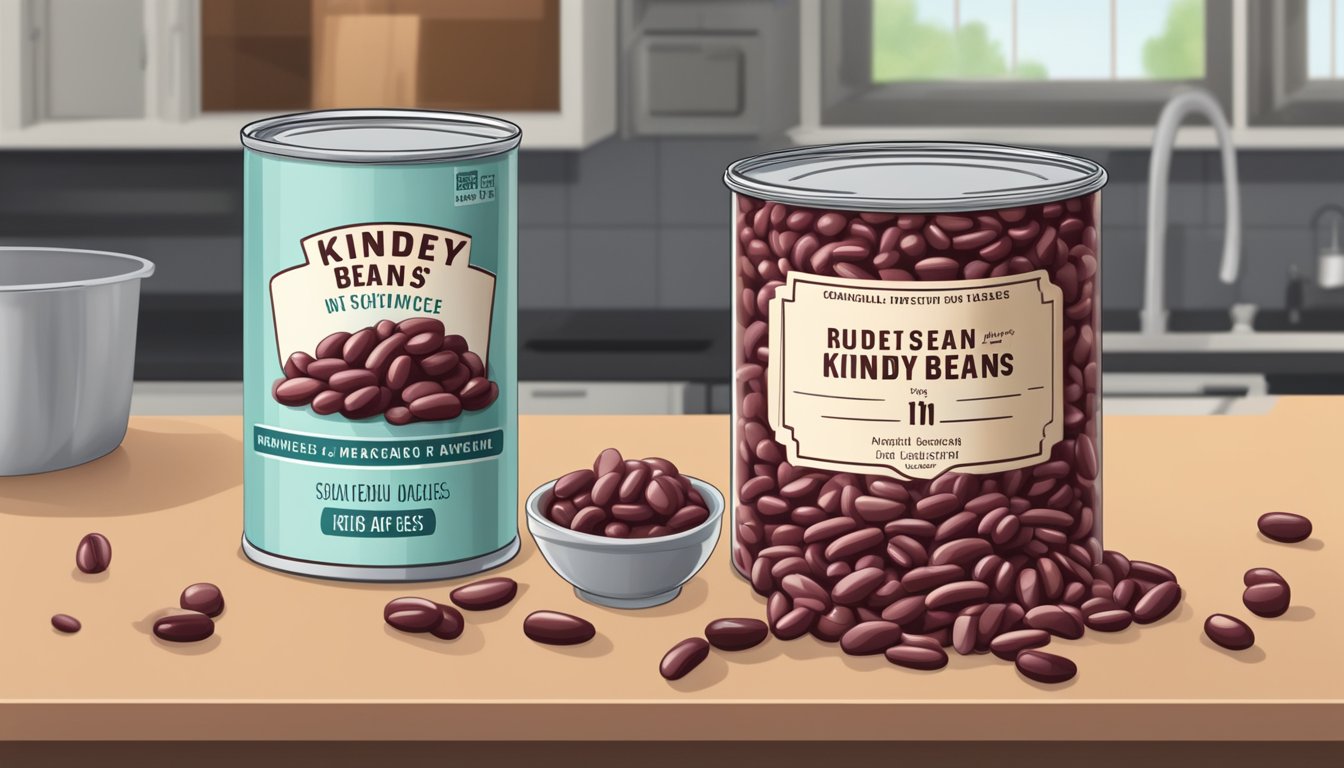 A can of kidney beans, labeled with its weight in ounces, sits on a kitchen counter next to a measuring cup