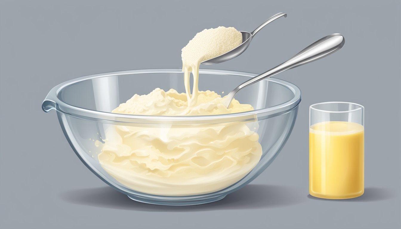 A mixing bowl with flour, butter, and milk. A measuring cup pouring milk into the bowl. A measuring spoon scooping butter