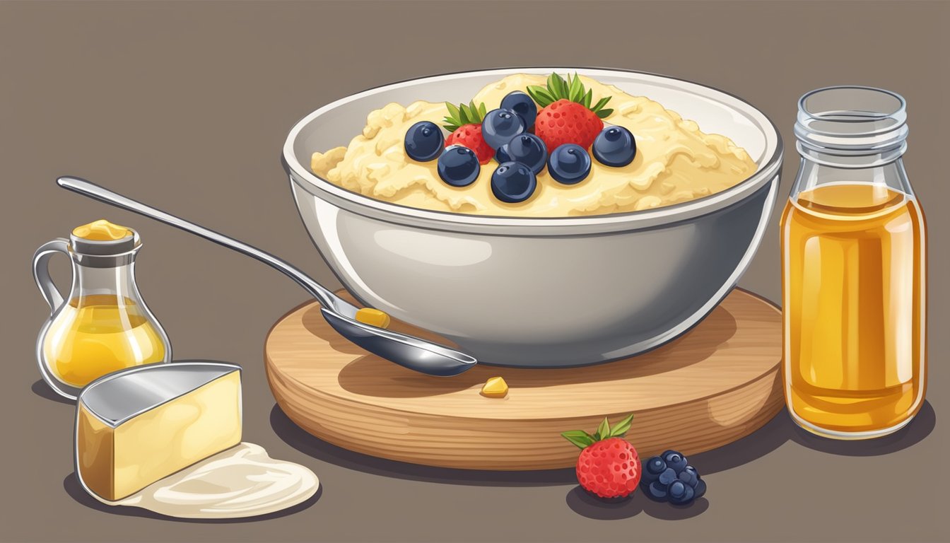 A bowl of flour and butter being measured with a spoon and cup, alongside a jar of honey and a dish of fresh berries for a homemade biscuit topping