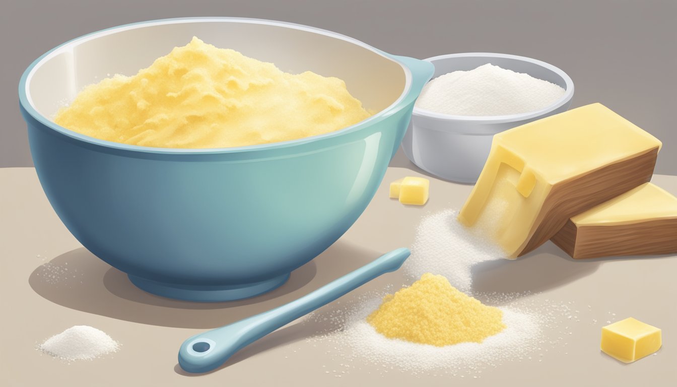 A measuring cup pouring flour into a mixing bowl, with a stick of butter and a pinch of salt nearby