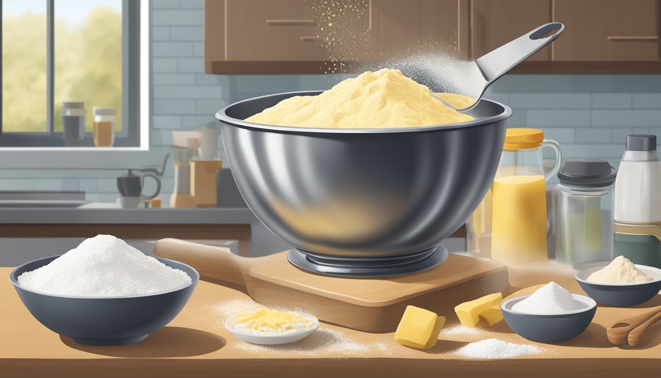 A mixing bowl sits on a kitchen counter, surrounded by flour, butter, and a measuring cup. Ingredients are being poured and measured into the bowl