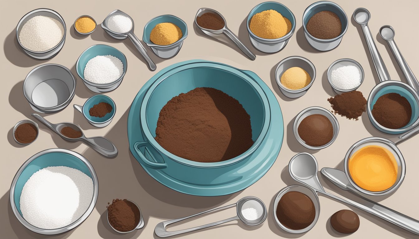 A mixing bowl filled with measured ingredients like cocoa powder, sugar, and flour, surrounded by measuring cups and spoons on a clean kitchen counter