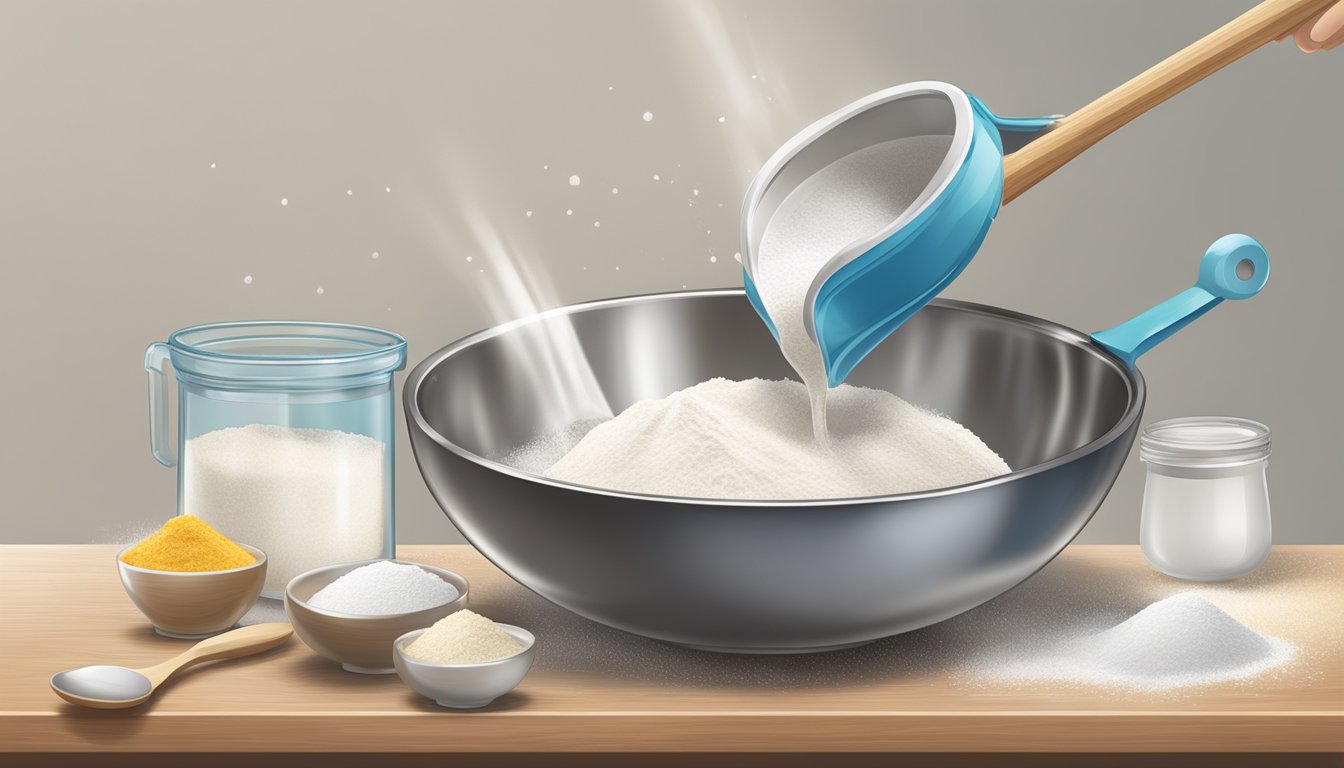 A hand pouring flour and sugar into a mixing bowl, with a measuring cup and spoon nearby