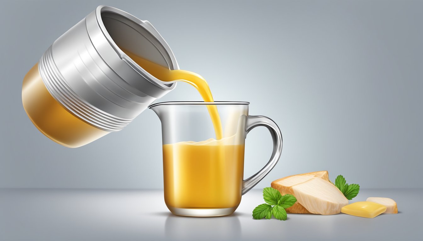 A can of chicken broth pouring into a measuring cup, with the liquid filling up to the desired ounce measurement