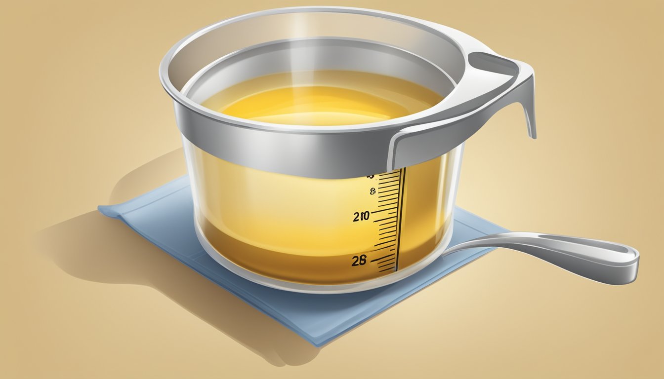 A can of chicken broth pouring into a measuring cup, with the liquid reaching the desired number of ounces