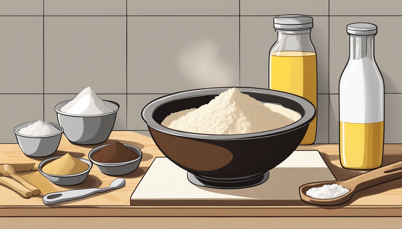 A mixing bowl with measured ingredients of flour, sugar, cocoa powder, and melted butter on a kitchen counter