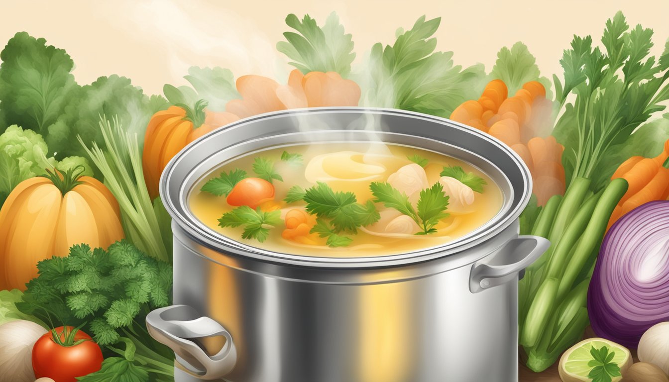 A can of chicken broth surrounded by steaming vegetables and herbs