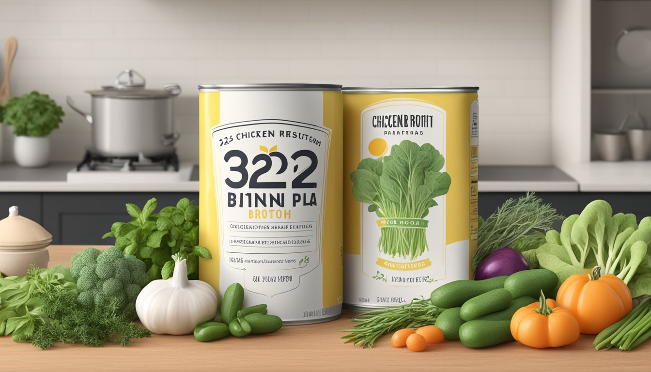 A can of chicken broth sits on a kitchen counter, surrounded by fresh herbs and vegetables. The label on the can reads "32 oz."