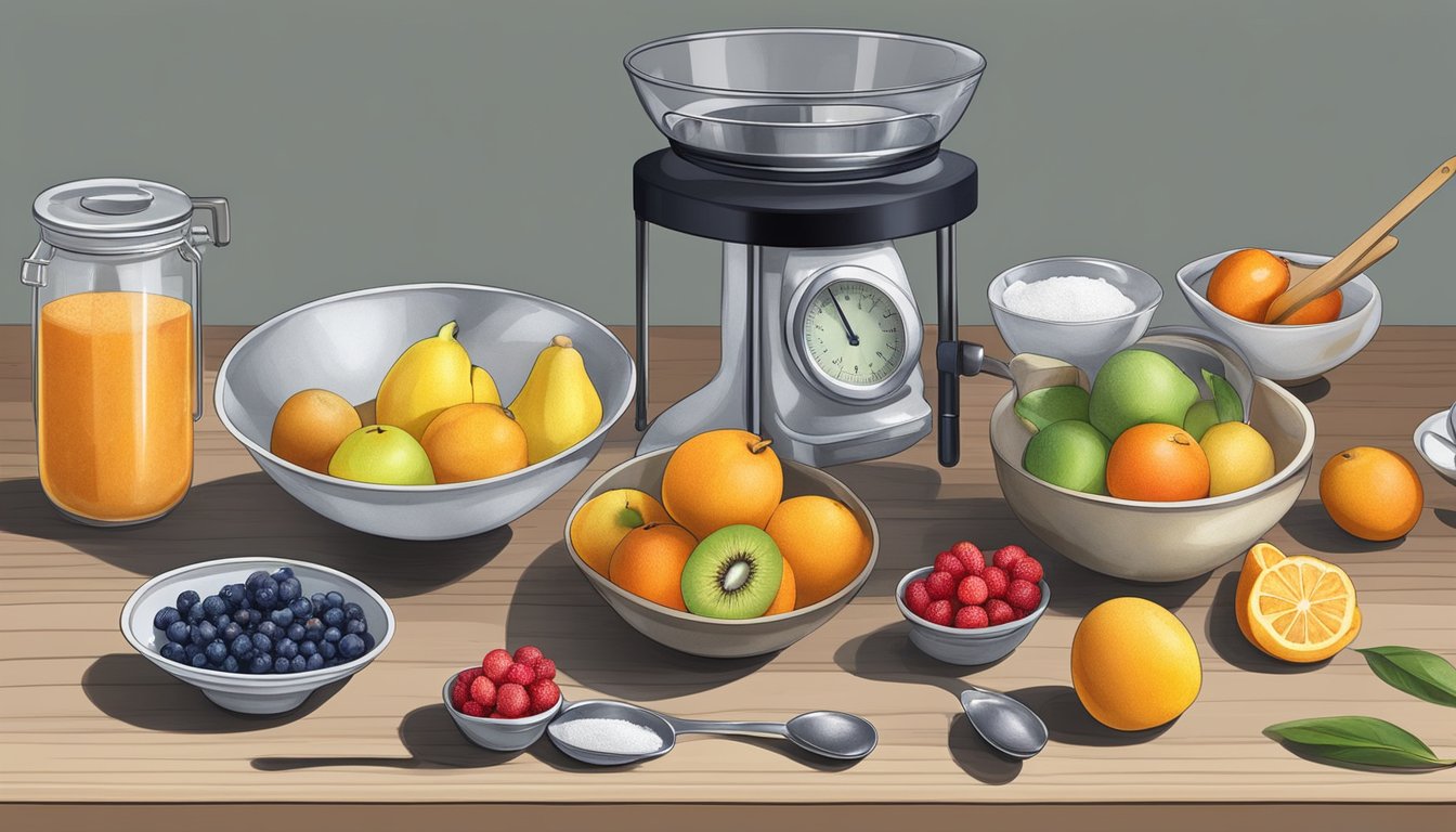 A table with measuring cups and spoons, a scale, and various fruits and sugar arranged for a jam-making recipe