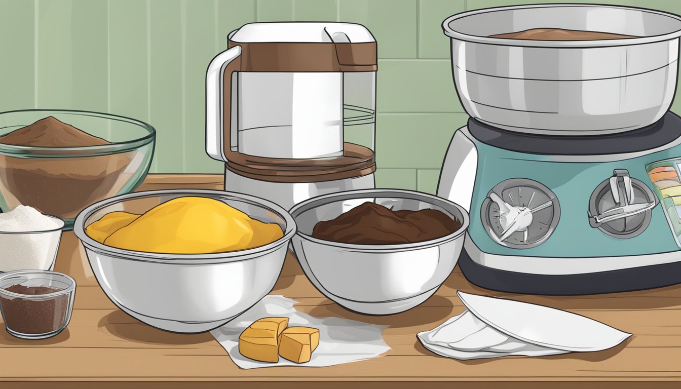 A mixing bowl with measured ingredients for brownie topping