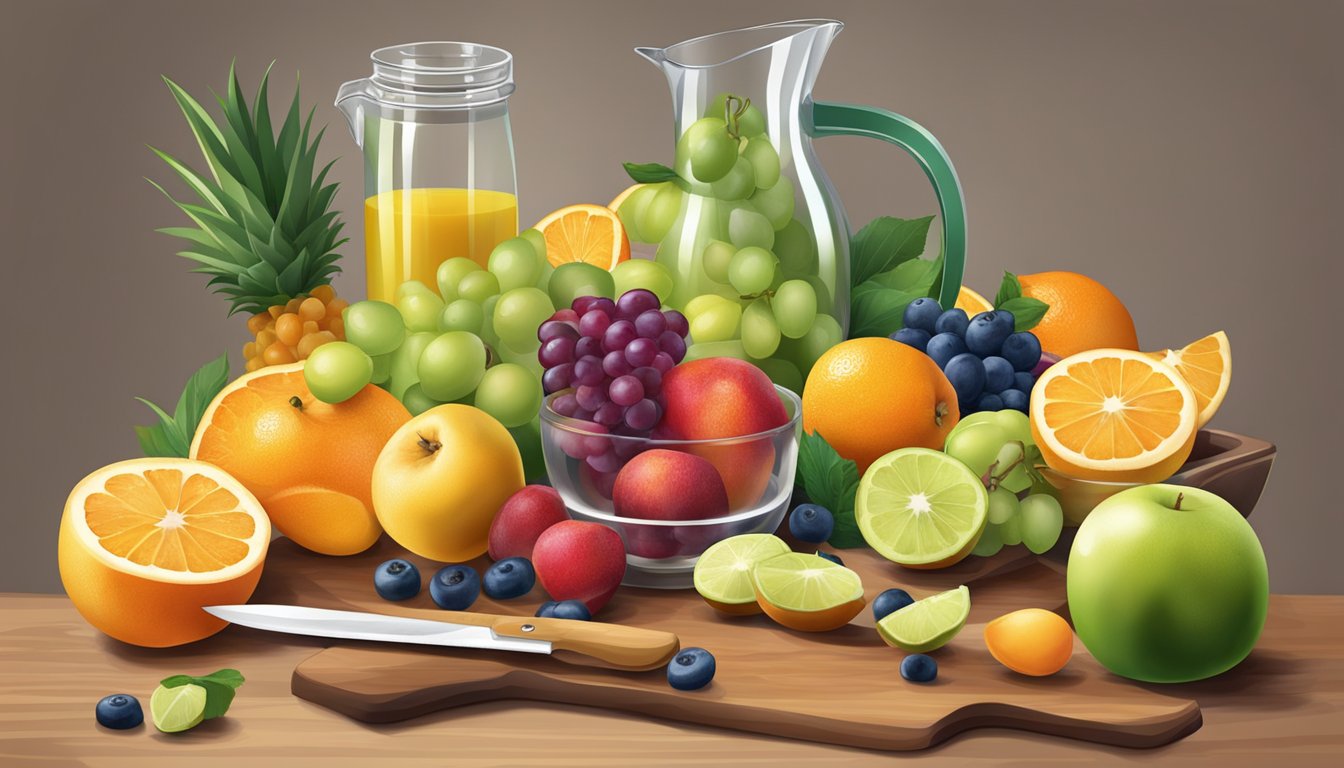 A table with assorted fruits, measuring cups, and a cutting board with a knife