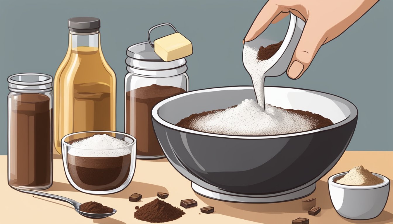 A hand pouring cocoa powder and sugar into a mixing bowl, with a measuring cup and spoon nearby. Butter and vanilla extract sit on the counter