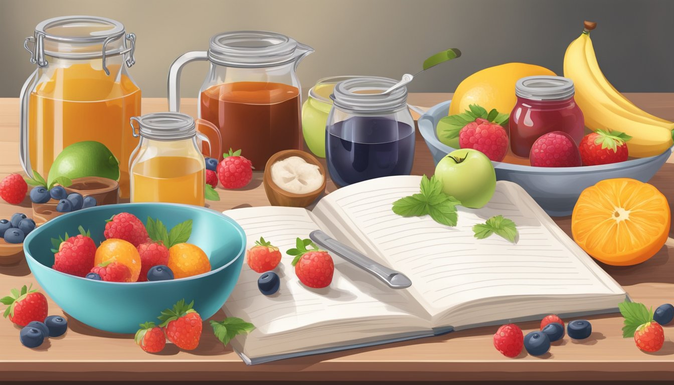 A countertop with various measuring cups and spoons, surrounded by fresh fruit, sugar, and a recipe book open to a jam-making page