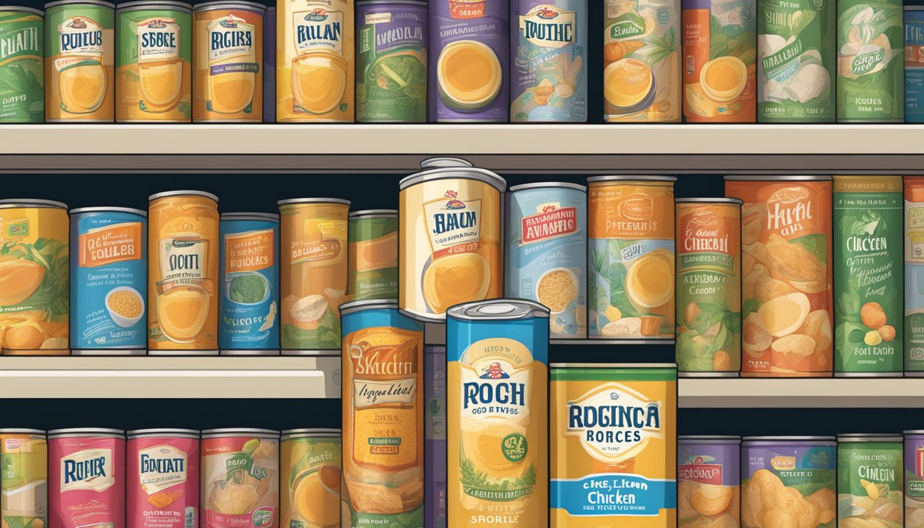 A can of chicken broth sits on a shelf, surrounded by other canned goods. The label indicates the number of ounces