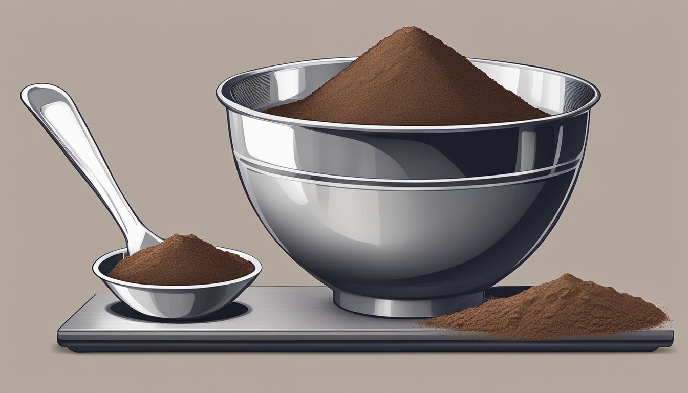 A measuring cup pouring sugar and cocoa powder into a mixing bowl. A spoon rests nearby