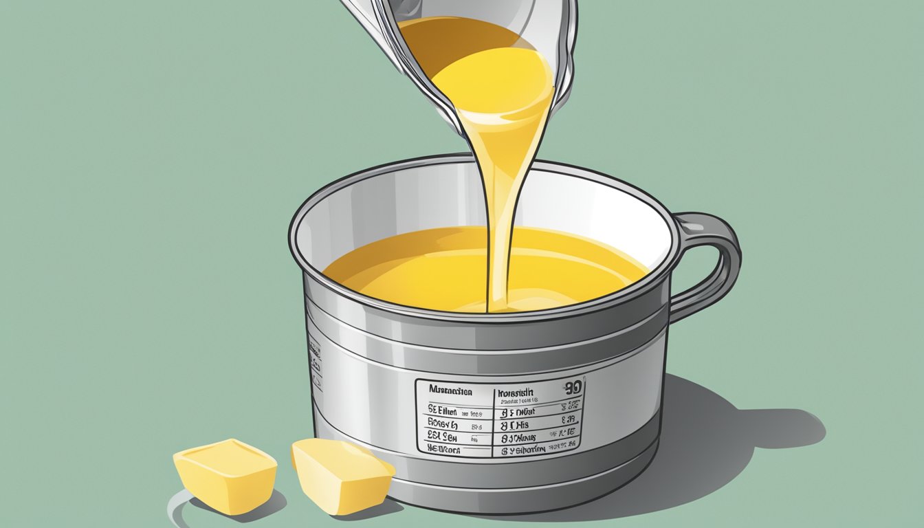 A can of chicken broth pouring into a measuring cup, with the measurement showing 8 ounces