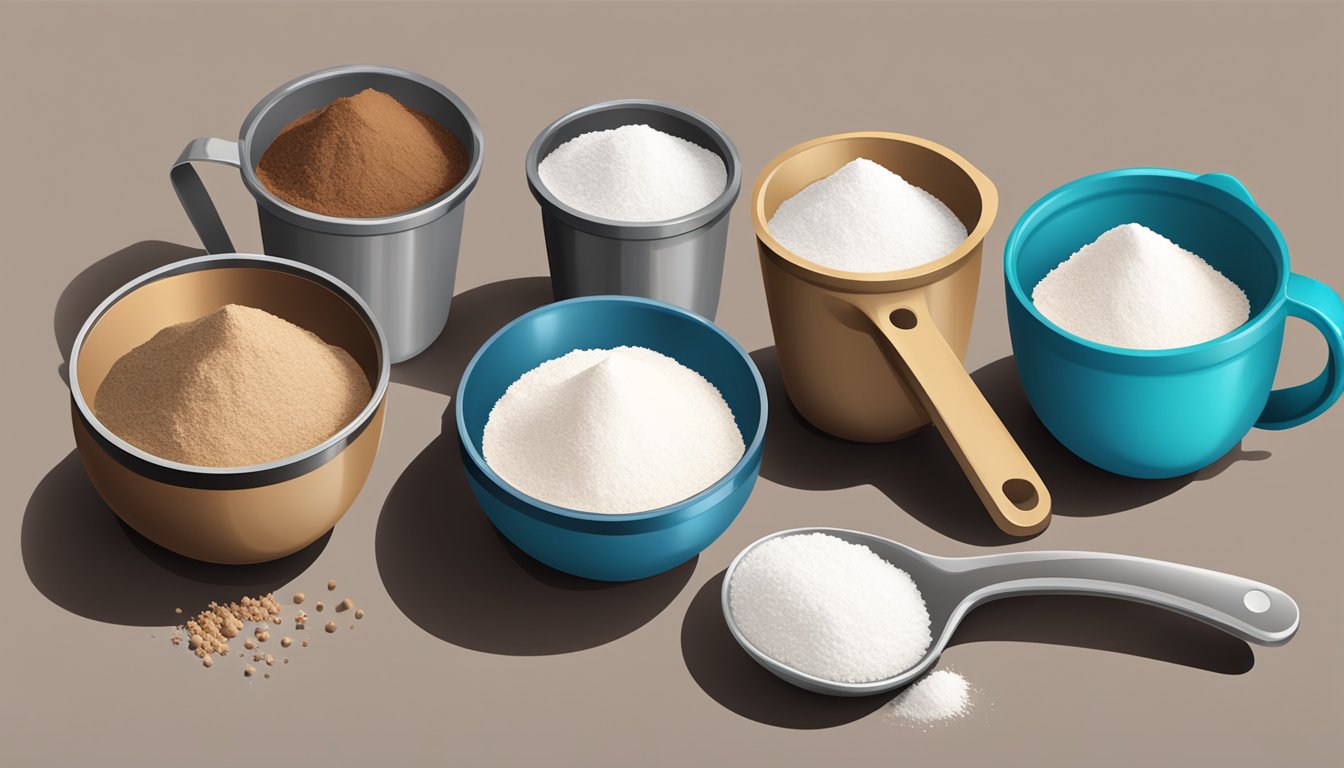 A set of measuring cups and spoons arranged neatly next to a bowl of flour, sugar, and cocoa powder on a clean kitchen counter