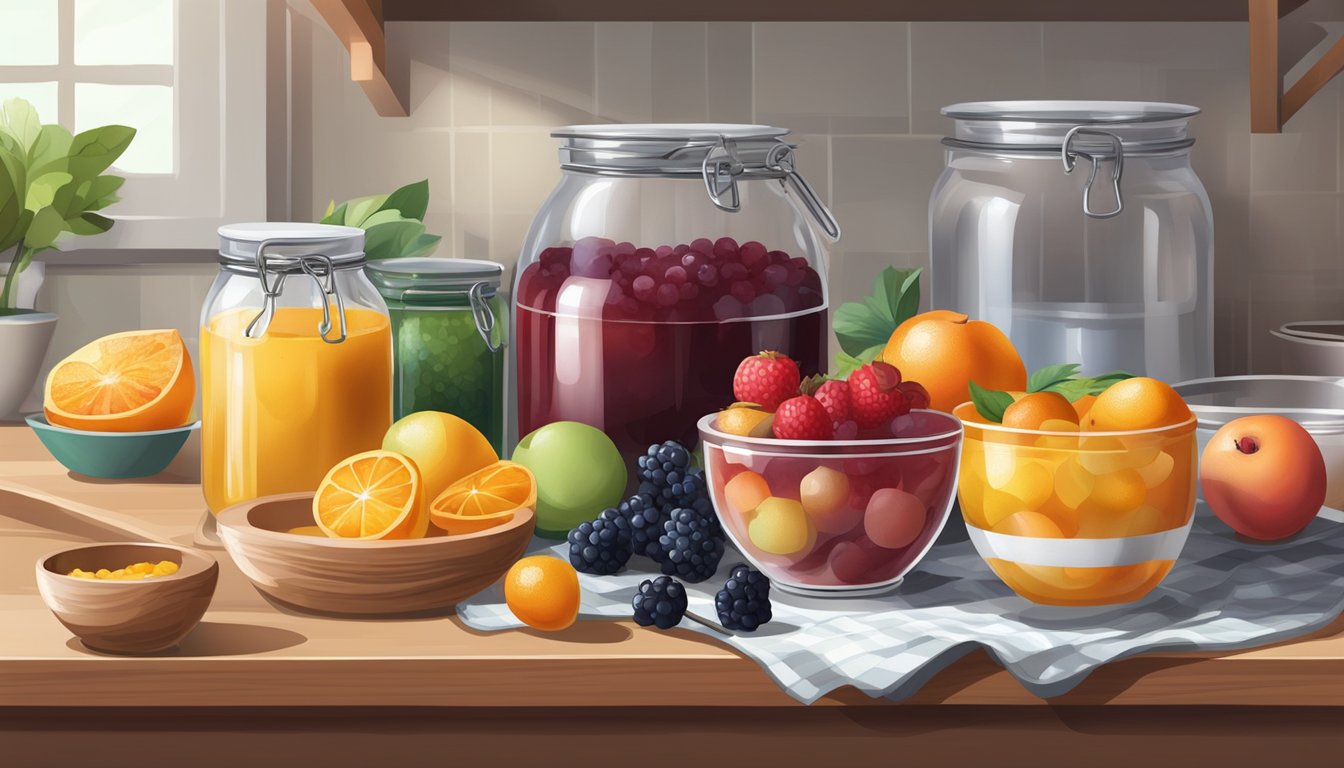 A kitchen counter with assorted measuring cups and spoons, a bowl of fresh fruit, and a jar of homemade jam