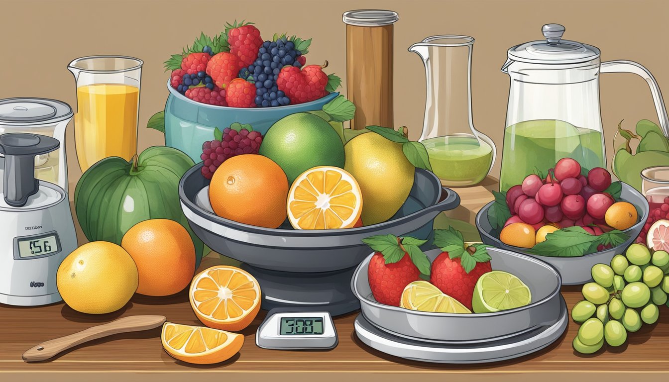 A table with assorted fruits, measuring cups, and a scale. Ingredients are being carefully measured and mixed in a large pot