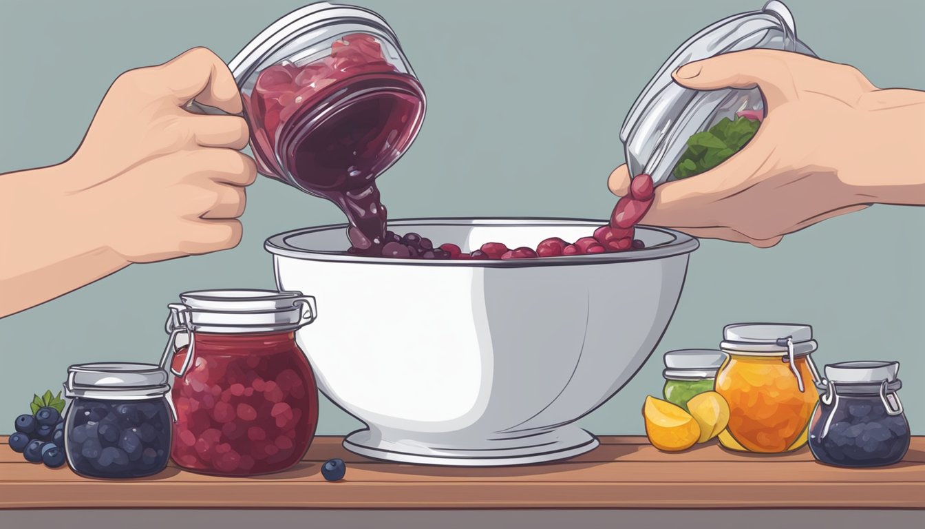 A hand pouring measured ingredients into a mixing bowl for homemade jam