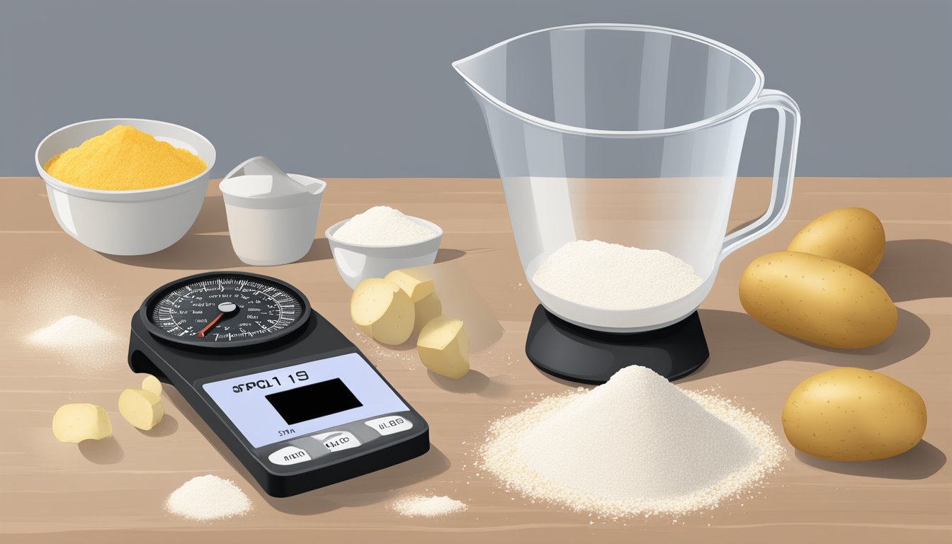 A pound of potato flour spills from a measuring cup onto a kitchen scale, displaying the equivalent in tablespoons