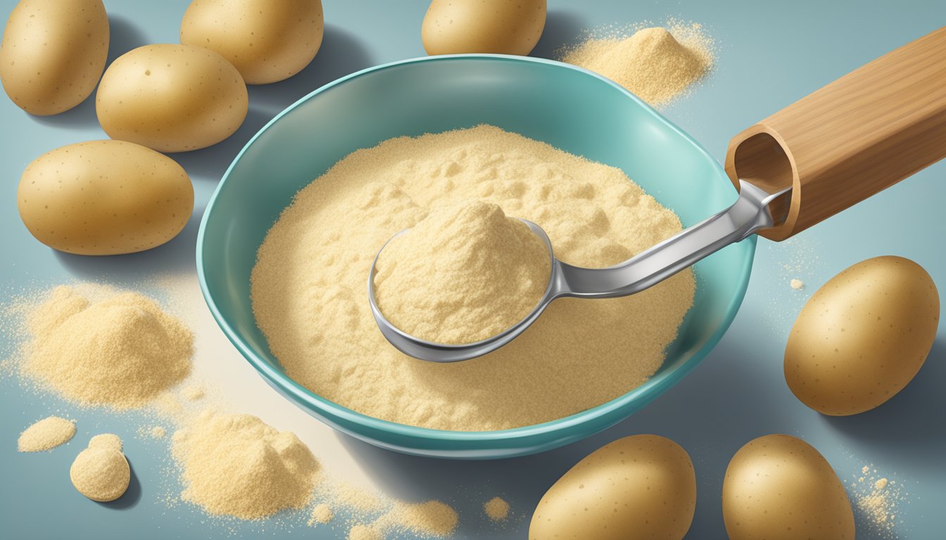 A pound of potato flour pouring into a measuring spoon, with additional tablespoons lined up nearby