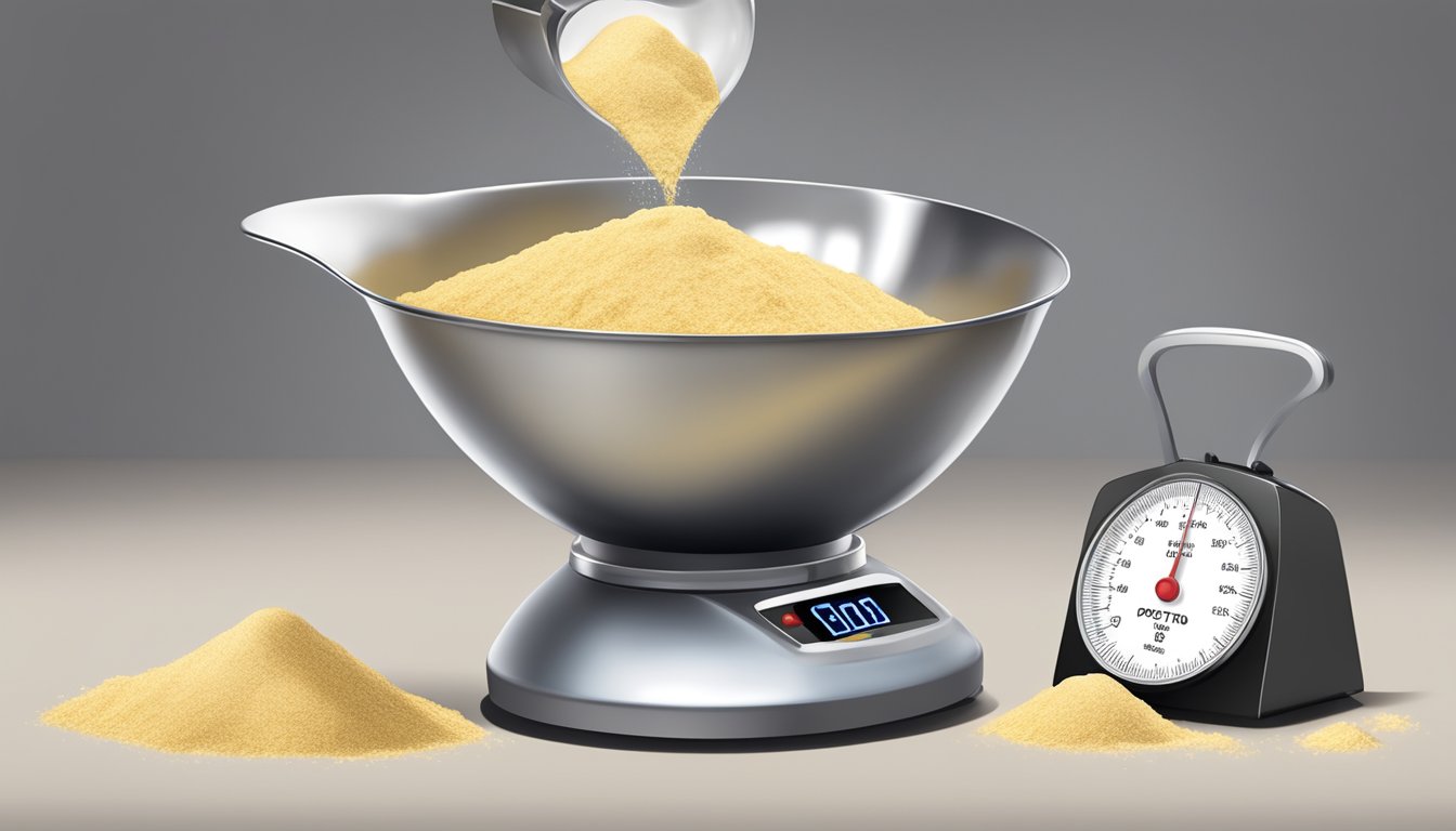 A measuring cup filled with potato flour pouring into a scale, with a pound weight displayed