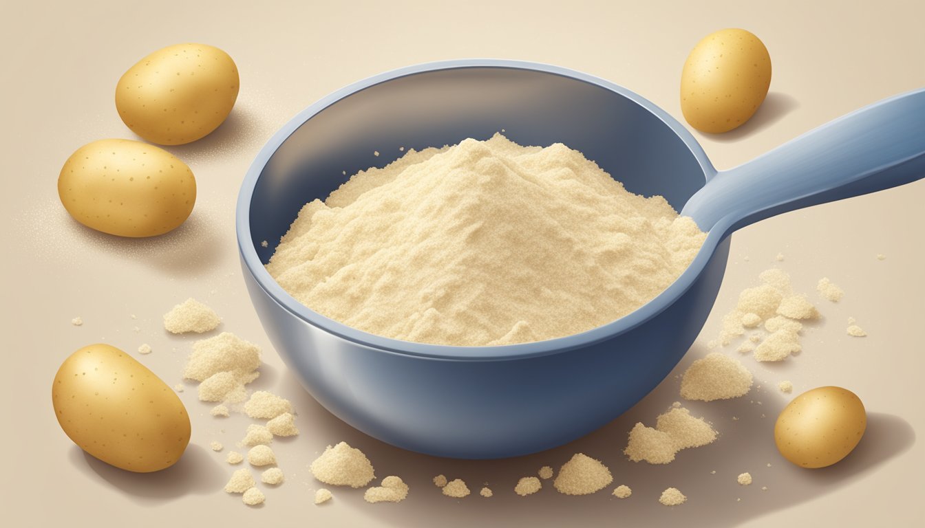 A pound of potato flour spills from a measuring cup, surrounded by scattered tablespoons