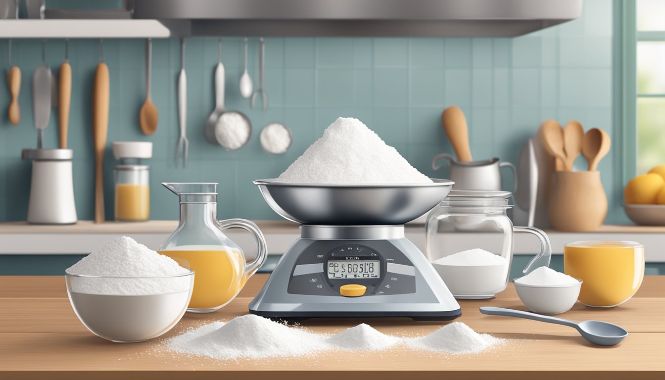 A kitchen scale with measuring cups and spoons arranged neatly on a clean countertop, surrounded by bowls of sugar and flour