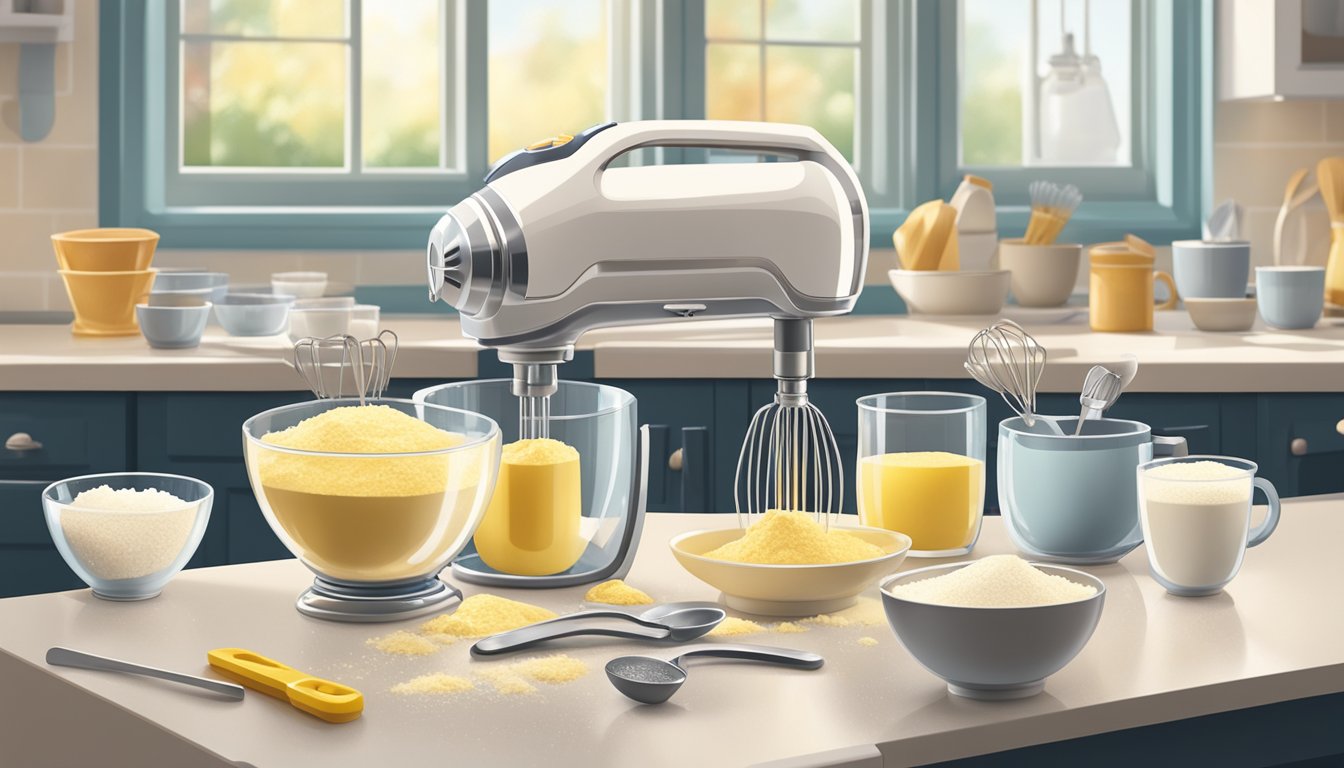 A hand mixer surrounded by bowls of sugar and butter, with measuring spoons and cups laid out neatly on a clean, well-lit kitchen counter