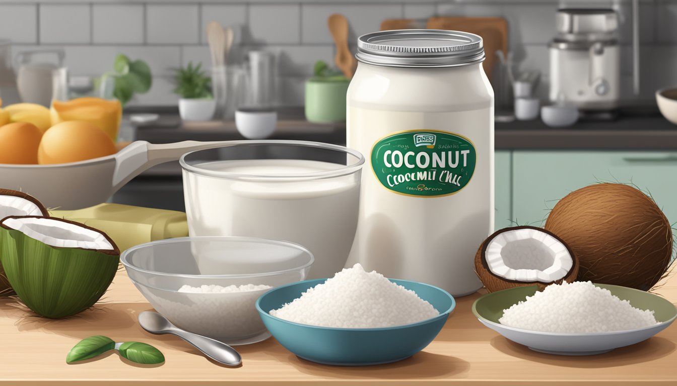 A can of coconut milk sits on a kitchen counter, surrounded by various sizes of measuring cups and spoons. The can is open, and a small amount of milk is being poured into a measuring cup