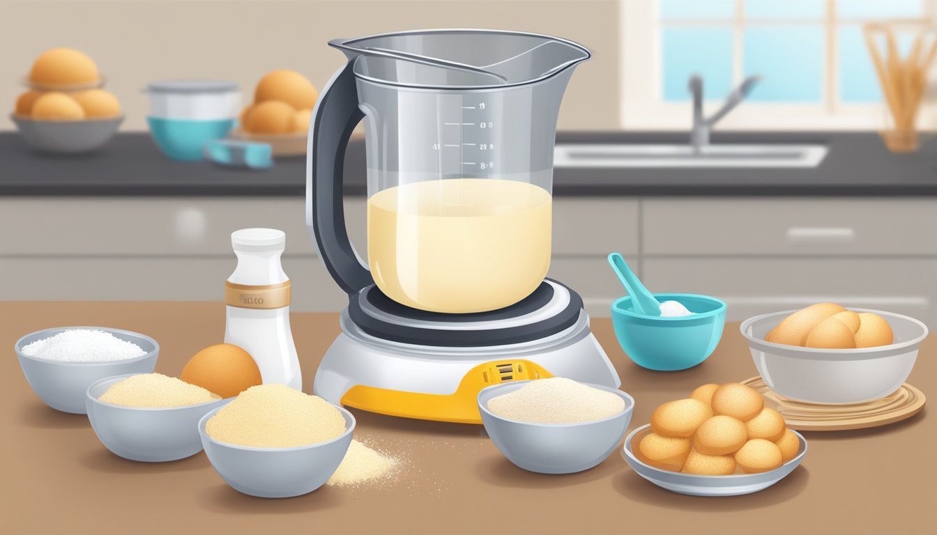 A kitchen scale with flour, sugar, and eggs. A measuring cup pouring milk. A mixing bowl with a whisk. A tray of muffins going into the freezer