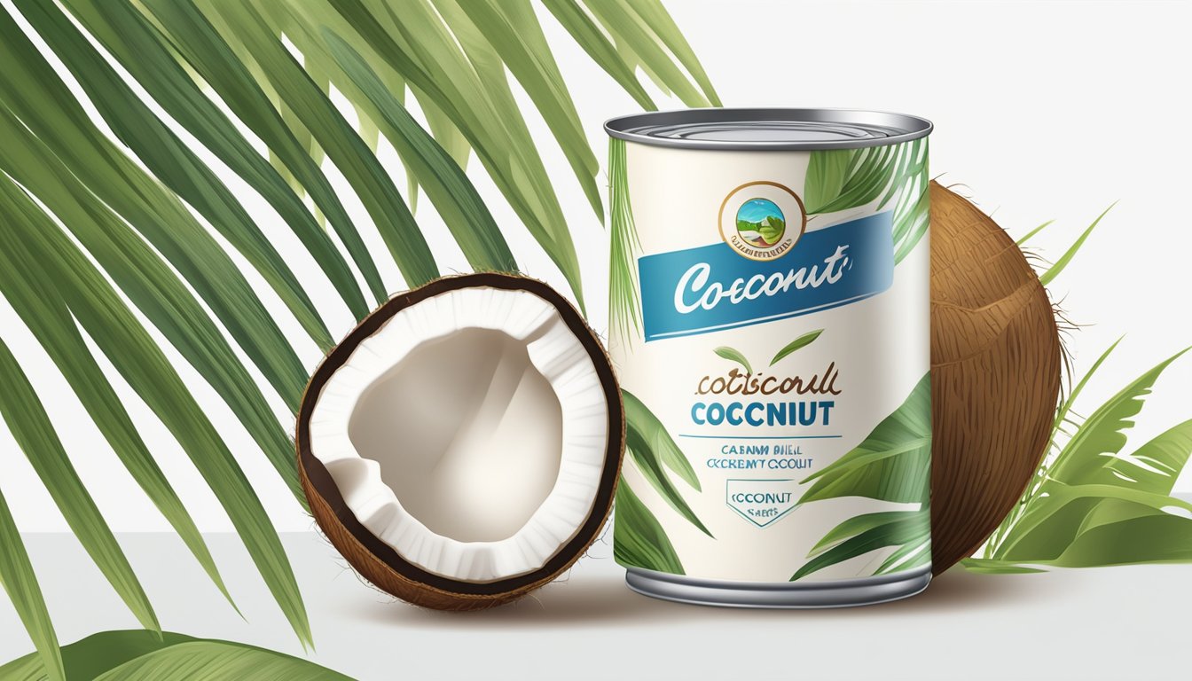 A can of coconut milk sits on a white surface, surrounded by tropical leaves and coconuts. The can is open, revealing the creamy, off-white liquid inside