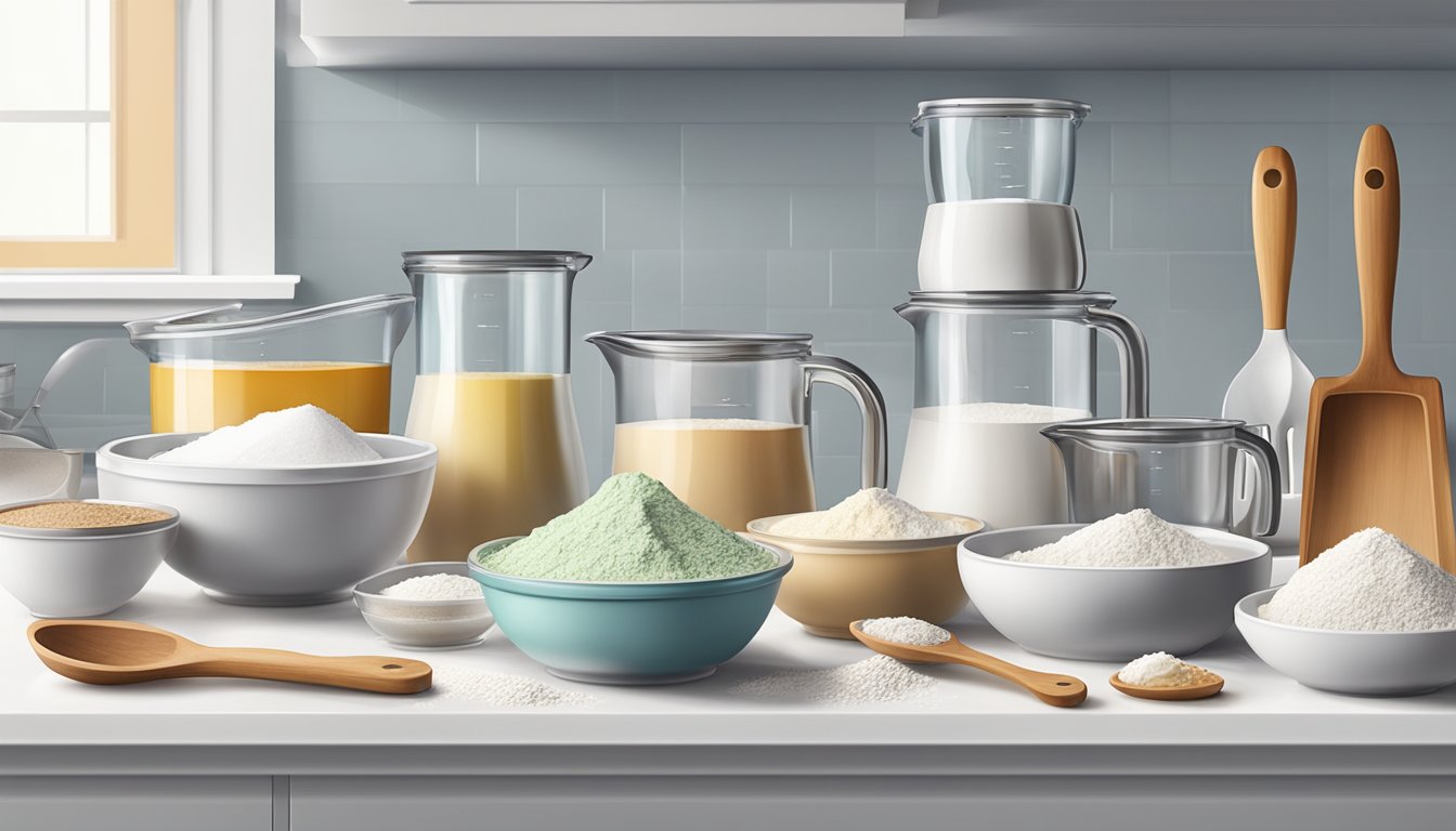 A set of measuring cups and spoons arranged neatly on a clean, white countertop, surrounded by bowls of flour, sugar, and other baking ingredients