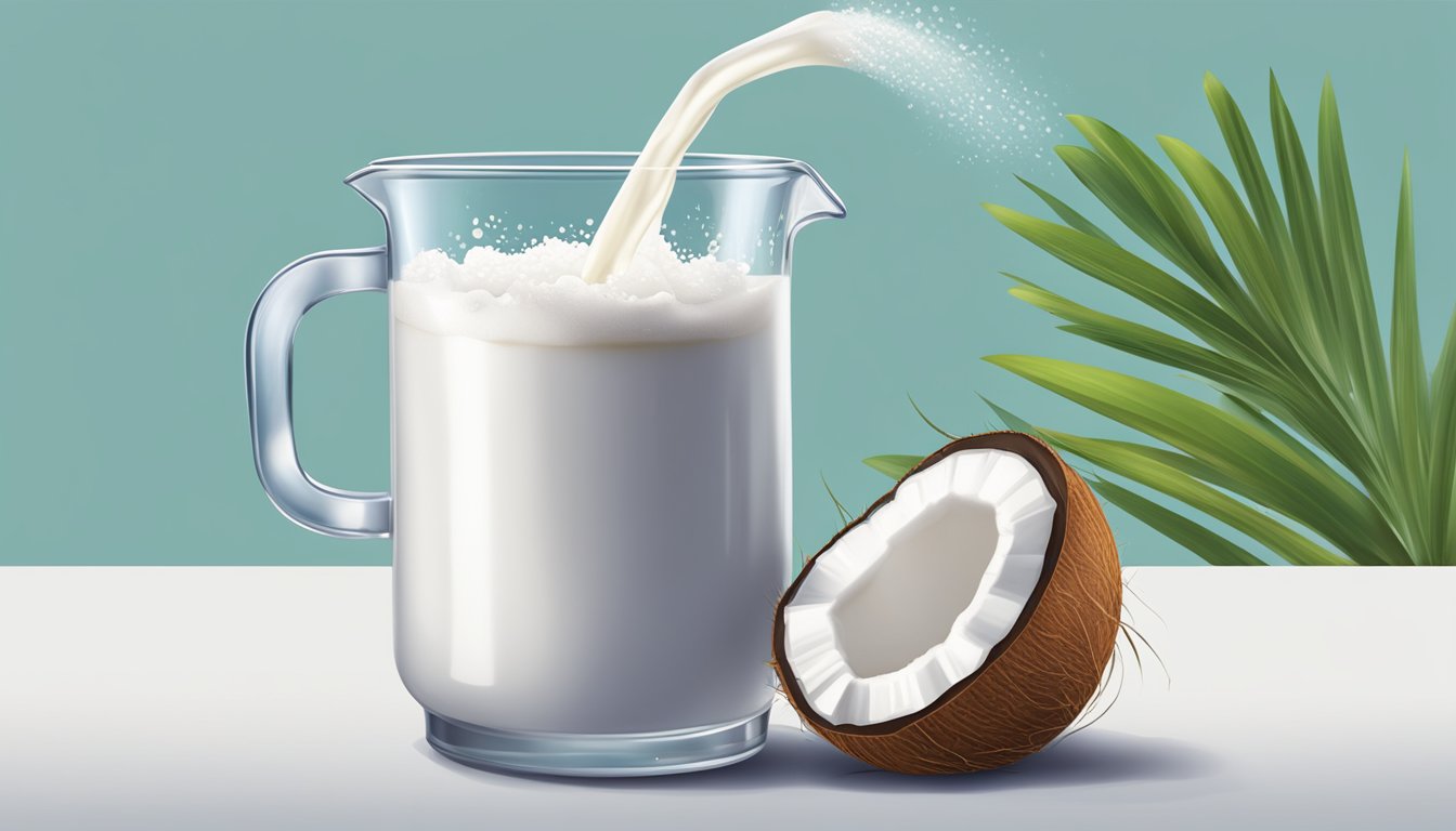 A can of coconut milk pouring into a measuring cup, displaying the fluid ounces