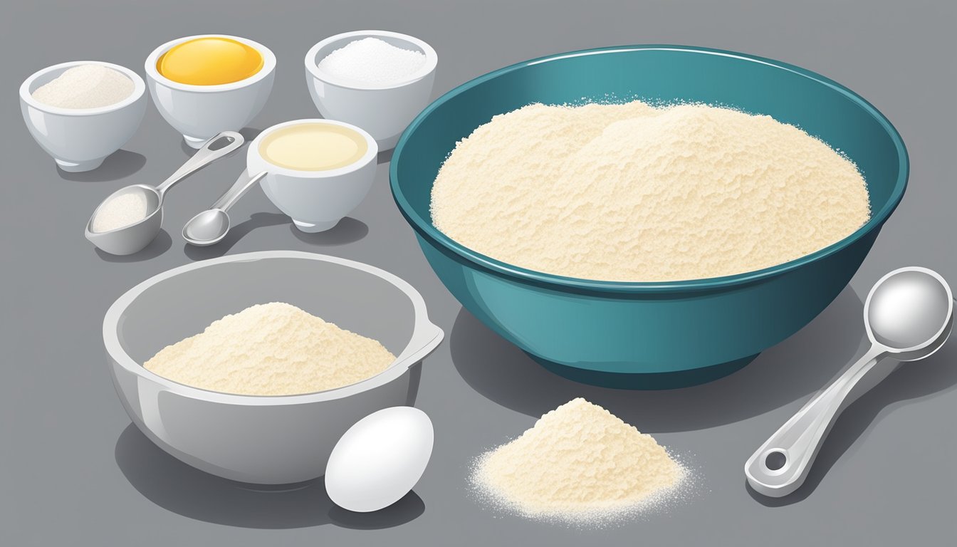 A set of measuring cups and spoons arranged neatly on a countertop next to a bowl of flour and a carton of eggs