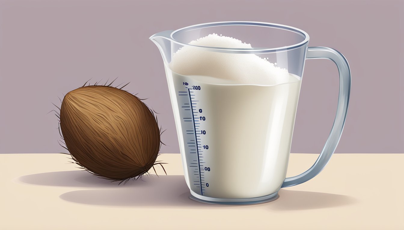 A can of coconut milk pouring into a measuring cup, showing the ounces