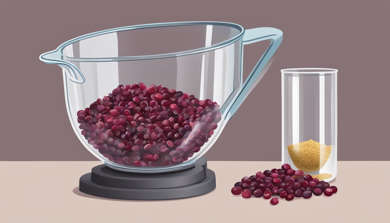 A measuring cup filled with dried cranberries, next to a scale showing one pound