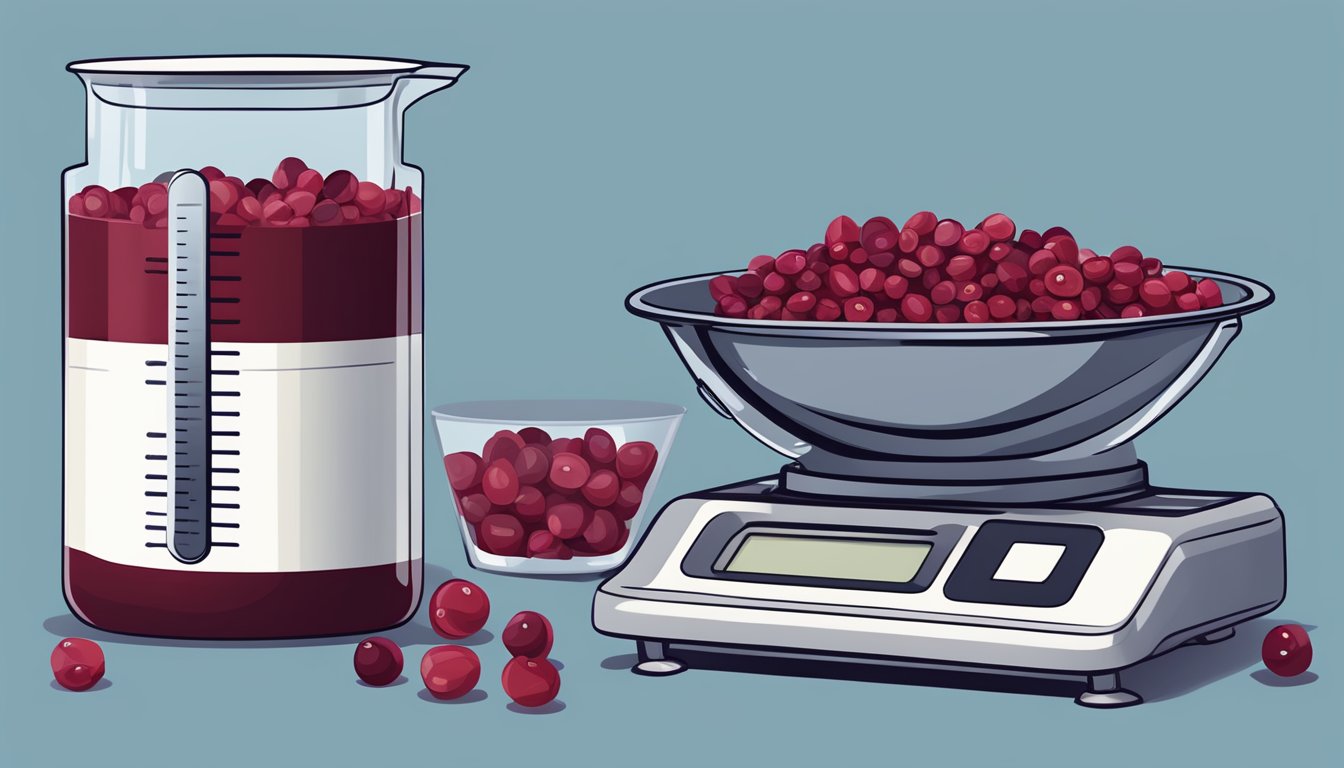 A scale with a pile of dried cranberries next to a measuring cup