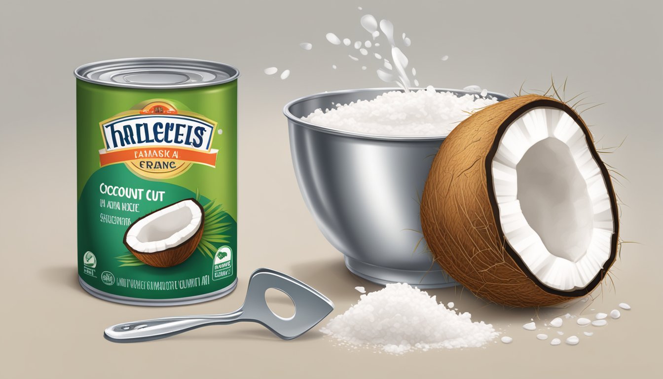 A can of coconut milk being opened with a can opener, pouring the contents into a measuring cup showing the ounces