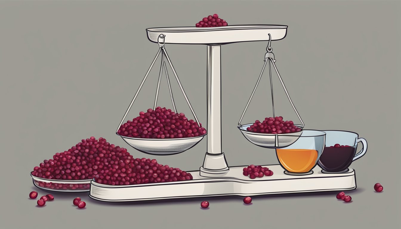 A scale with a pile of dried cranberries on one side and a stack of cups on the other, illustrating the conversion from pounds to cups